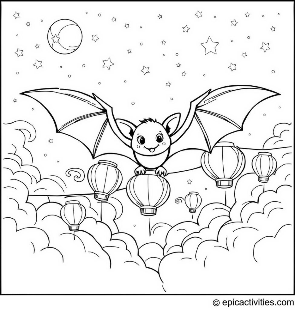Coloring page of a cute bat flying with glowing paper lanterns in the starry night sky