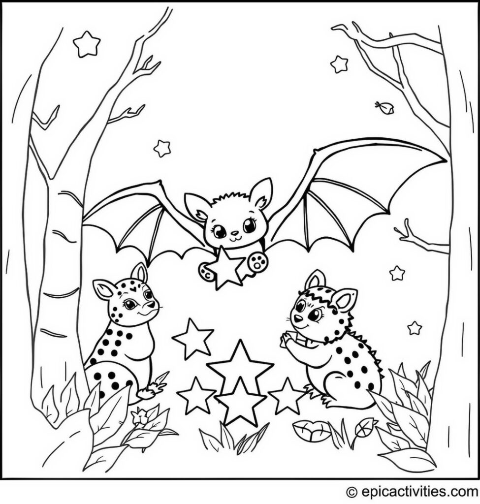 Coloring page of a cute bat gifting little star candies to other forest animals