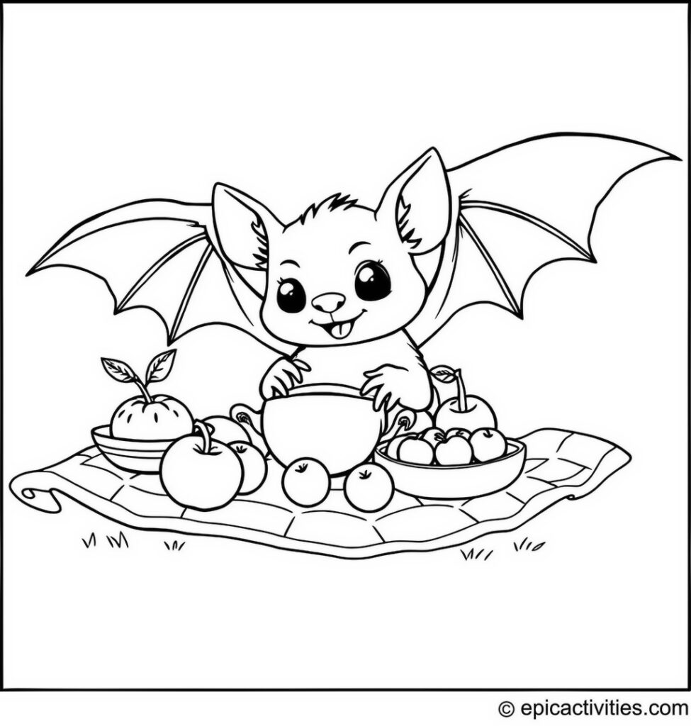 Coloring page of a Cute Bat Having a Picnic with Miniature Fruit
