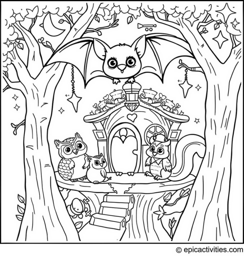 Coloring page of a cute bat having a sleepover with owl and squirrel friends in an elaborate treehouse
