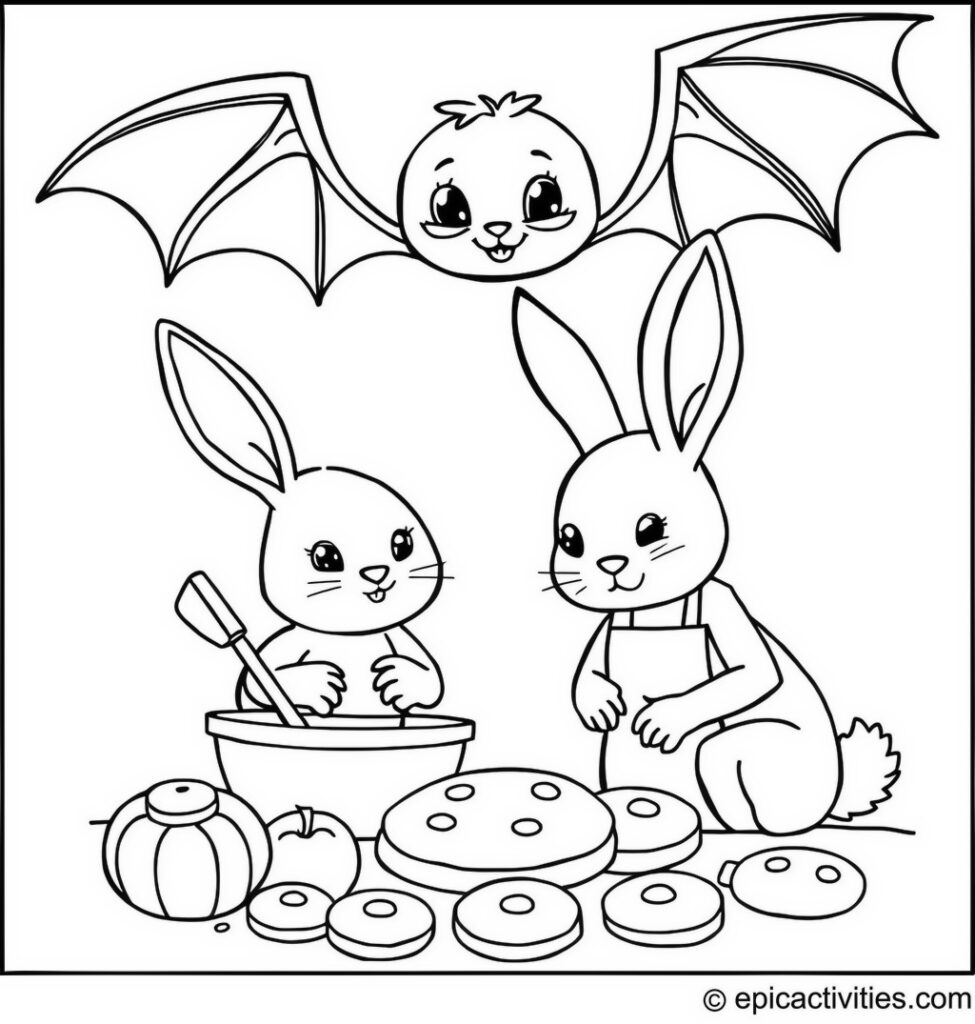 Coloring page of a cute bat helping a bunny bake cookies