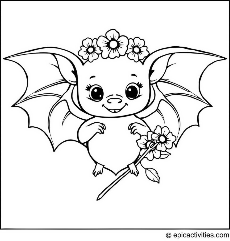 Coloring page of a cute bat holding a flower crown