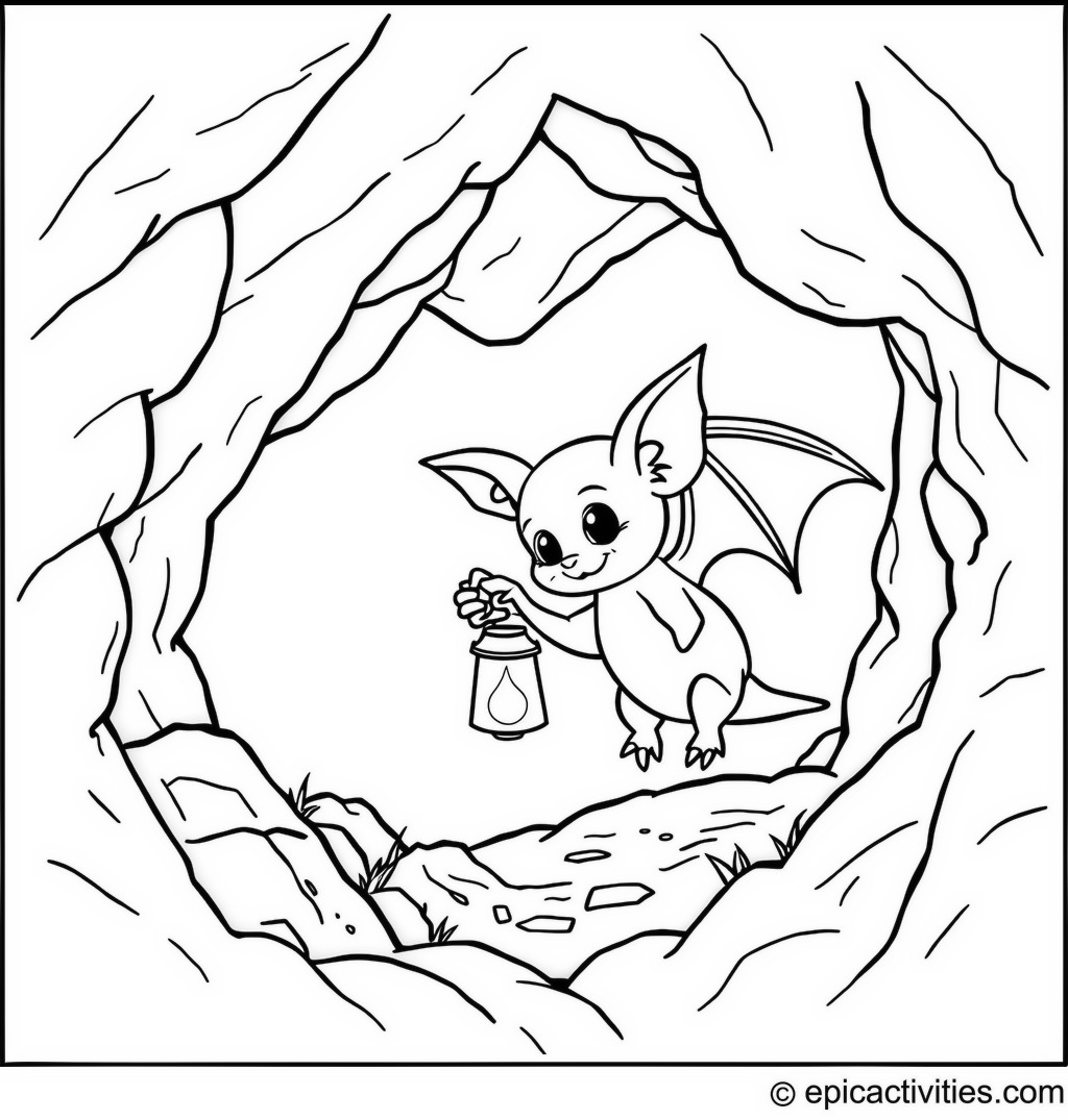 Coloring page of a cute bat holding a tiny lantern in a magical cave