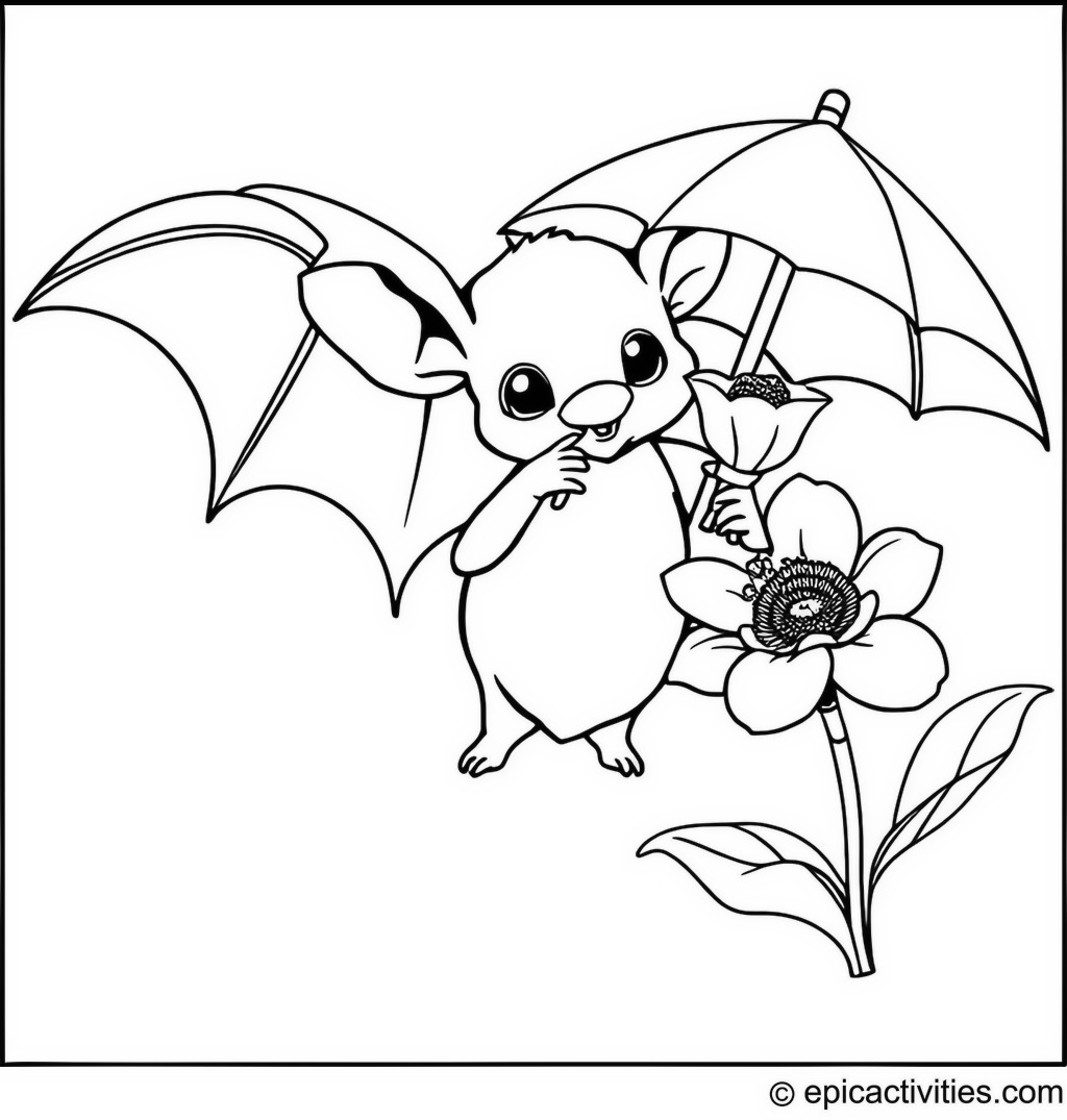 Coloring page of a cute bat holding a tiny umbrella and drinking nectar from a flower