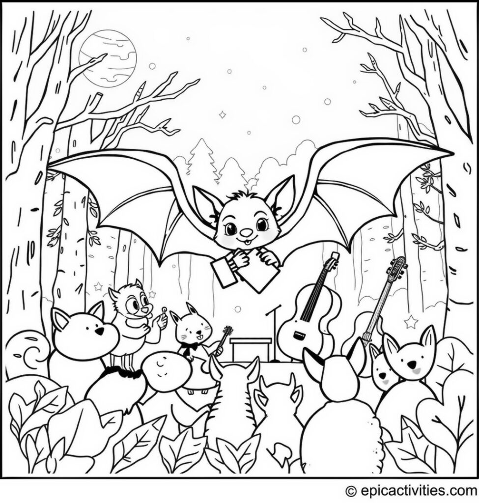 Coloring page of a cute bat hosting a nighttime musical concert with forest animals