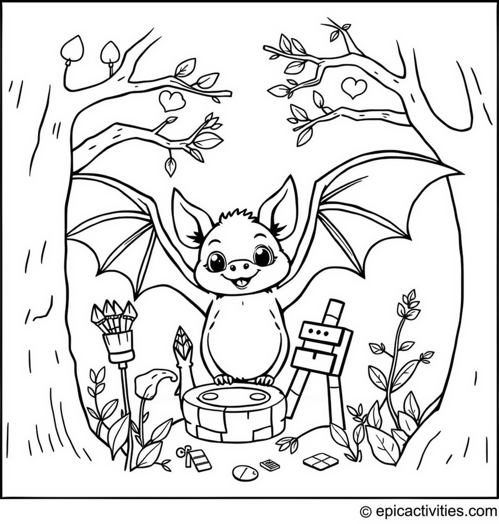 Coloring page of a Cute Bat Hosting a Woodland Artists’ Retreat