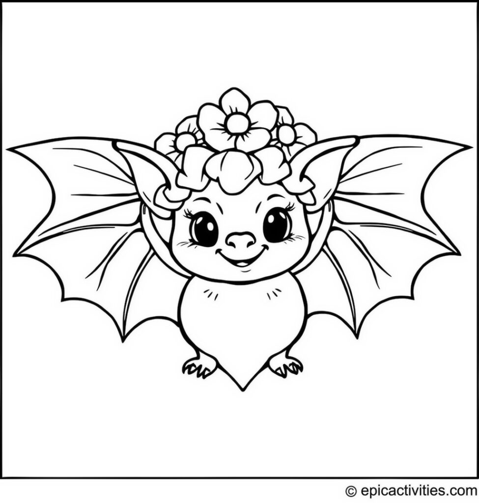 Coloring page of a cute bat in a flower petal crown