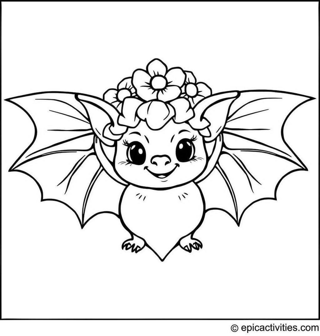 Coloring page of a cute bat in a flower petal crown