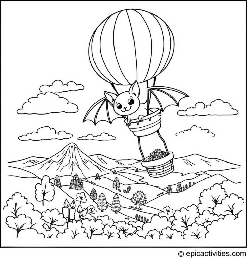 Coloring Page of a Cute Bat in a Hot Air Balloon