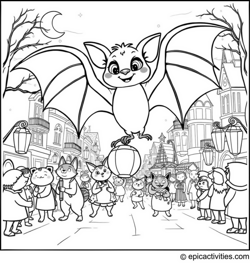 Coloring page of a cute bat in a whimsical parade with glowing lanterns