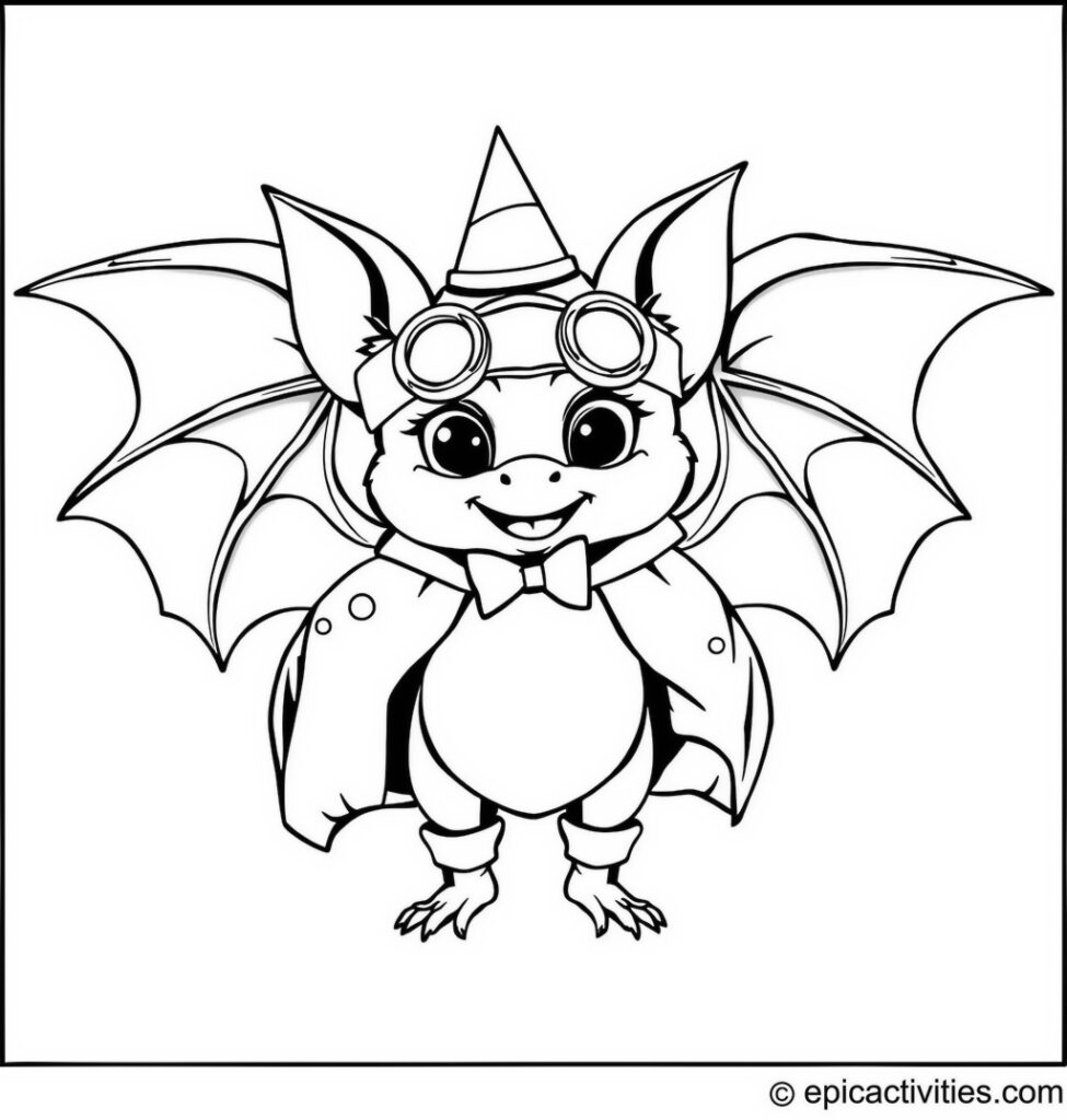 Coloring page of a Cute Bat in Funny Costumes for a Fancy Dress Party