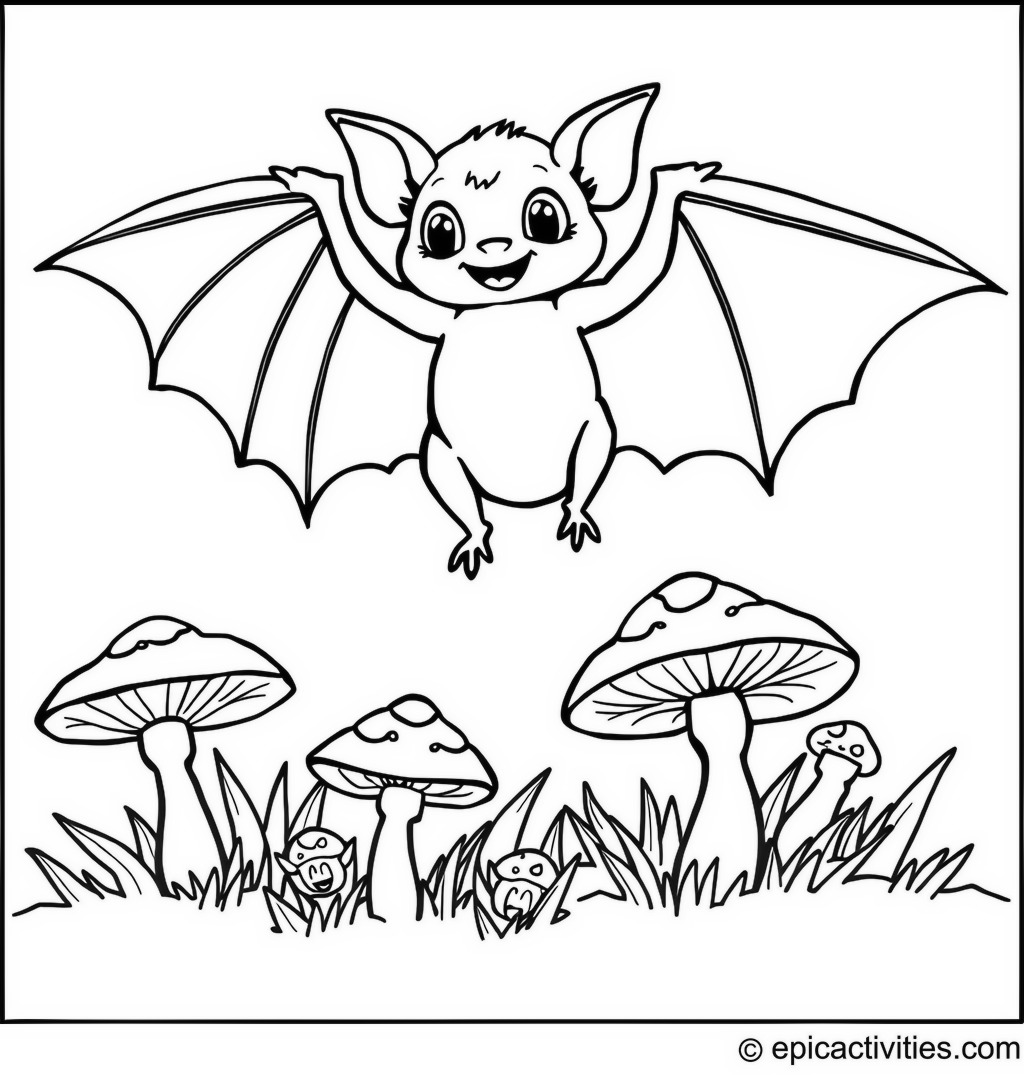 Coloring page of a Cute Bat Jumping on Glowing Mushrooms