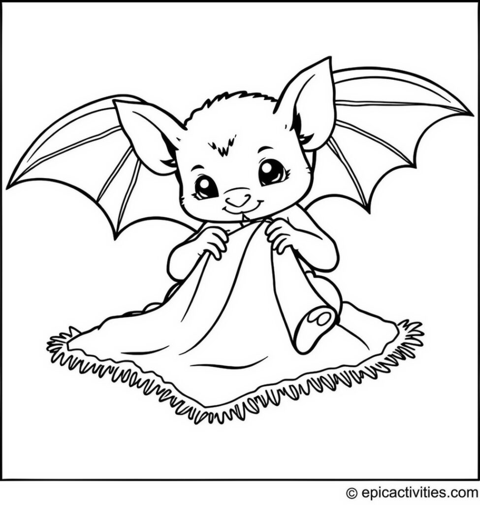 Coloring page of a cute bat knitting a tiny blanket