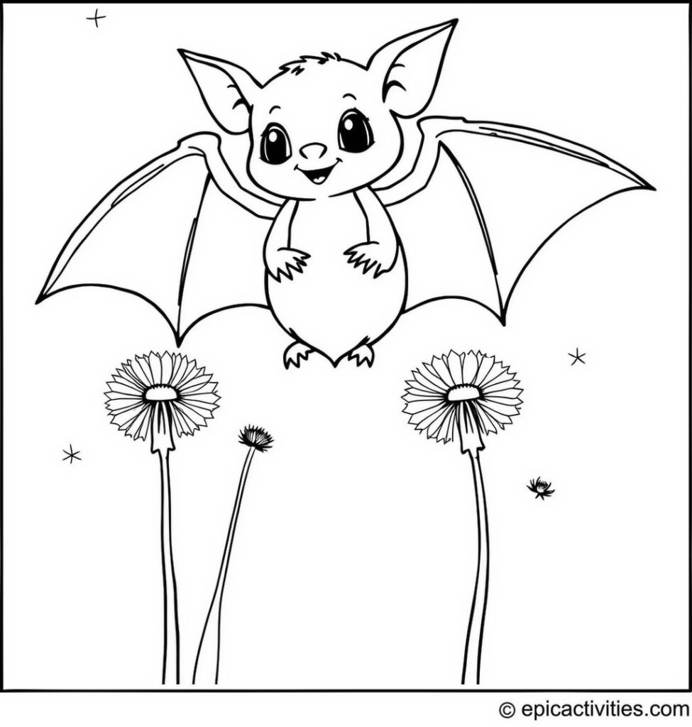 Coloring page of a Cute Bat Making Wishes on Dandelion Seeds