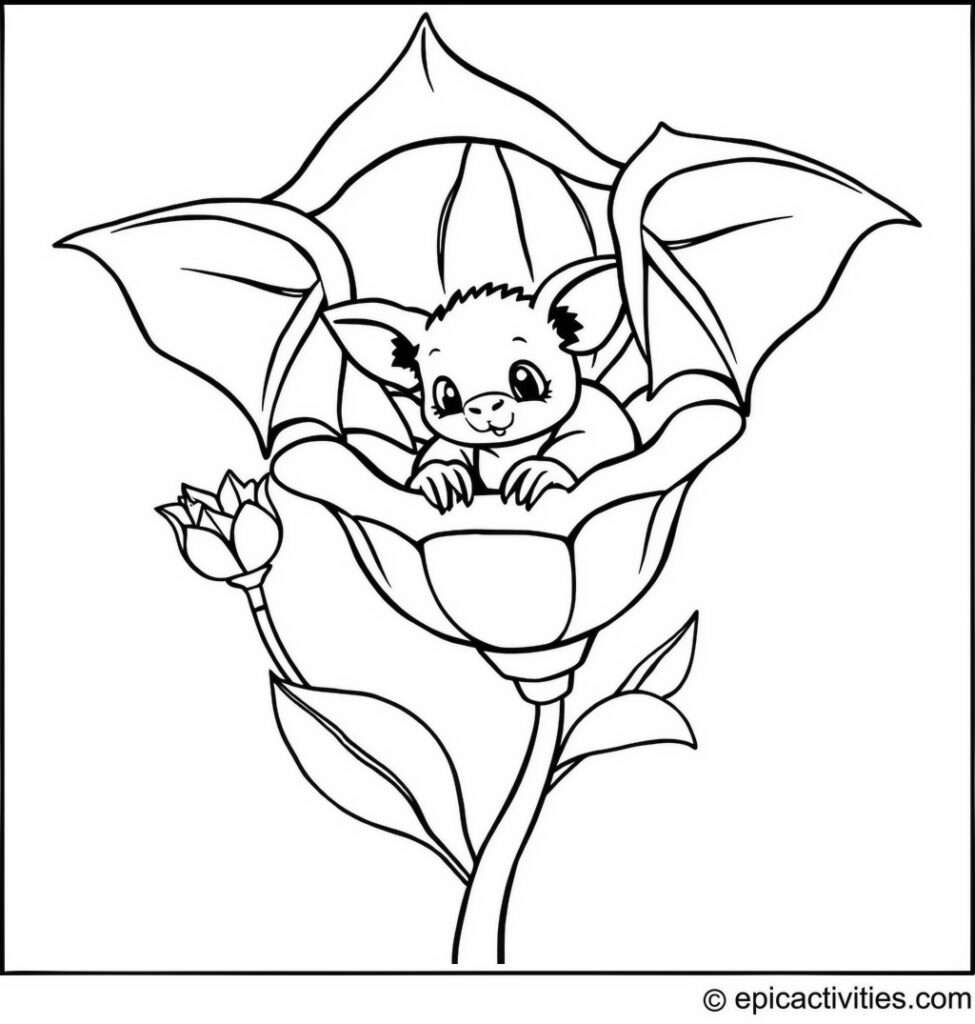 Coloring page of a Cute Bat Nestling in a Bell Flower