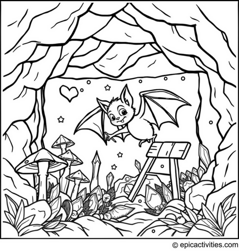 Coloring page of a cute bat painting a mural in a cave surrounded by mushrooms and glowing crystals
