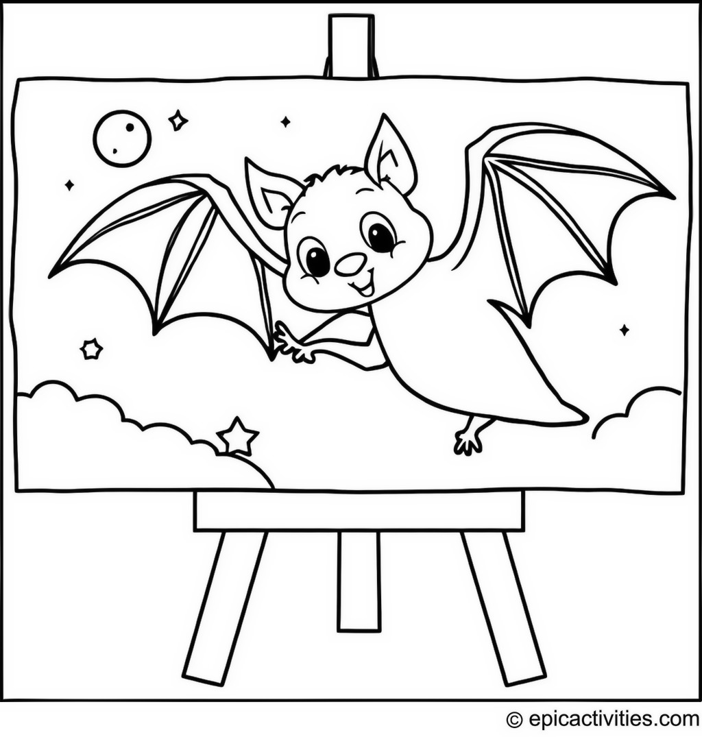 Coloring page of a cute bat painting a night sky on a canvas