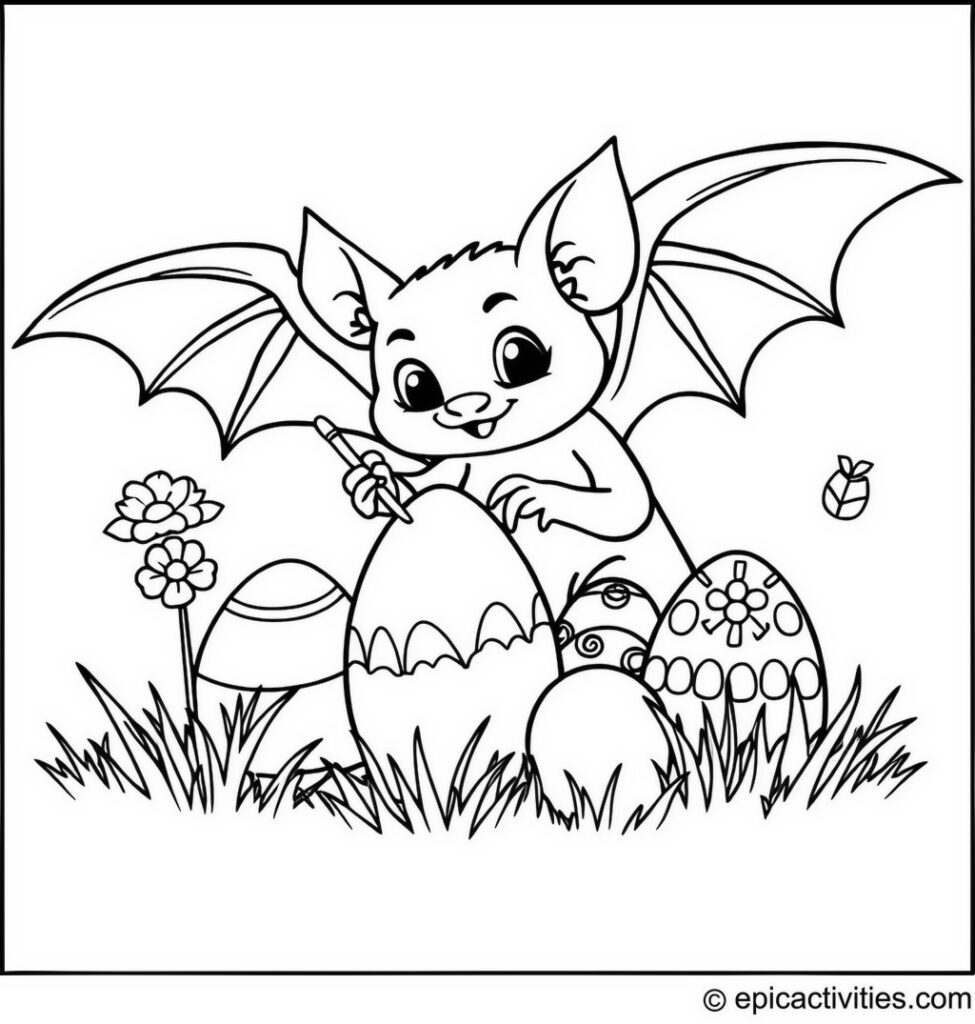 Coloring page of a Cute Bat Painting Easter Eggs