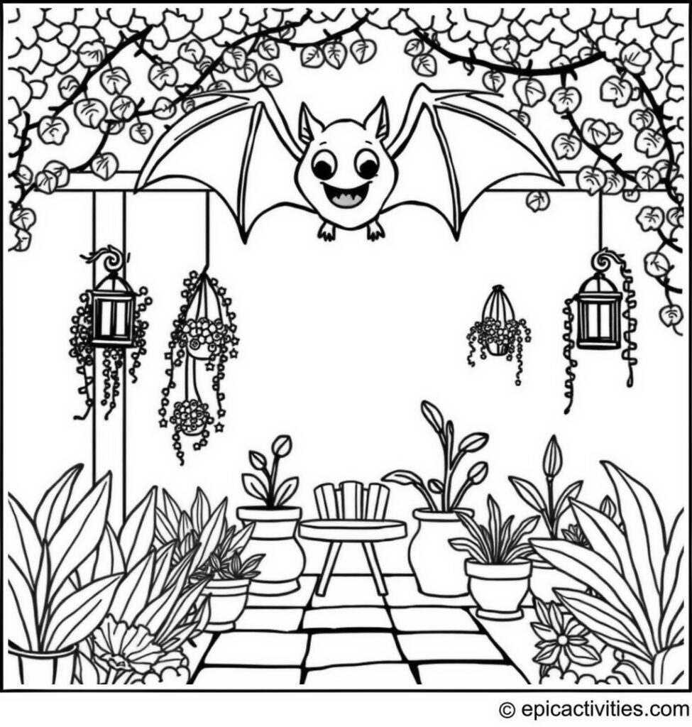 Coloring page of a Cute Bat Patio Garden with Hanging Plants and Lanterns