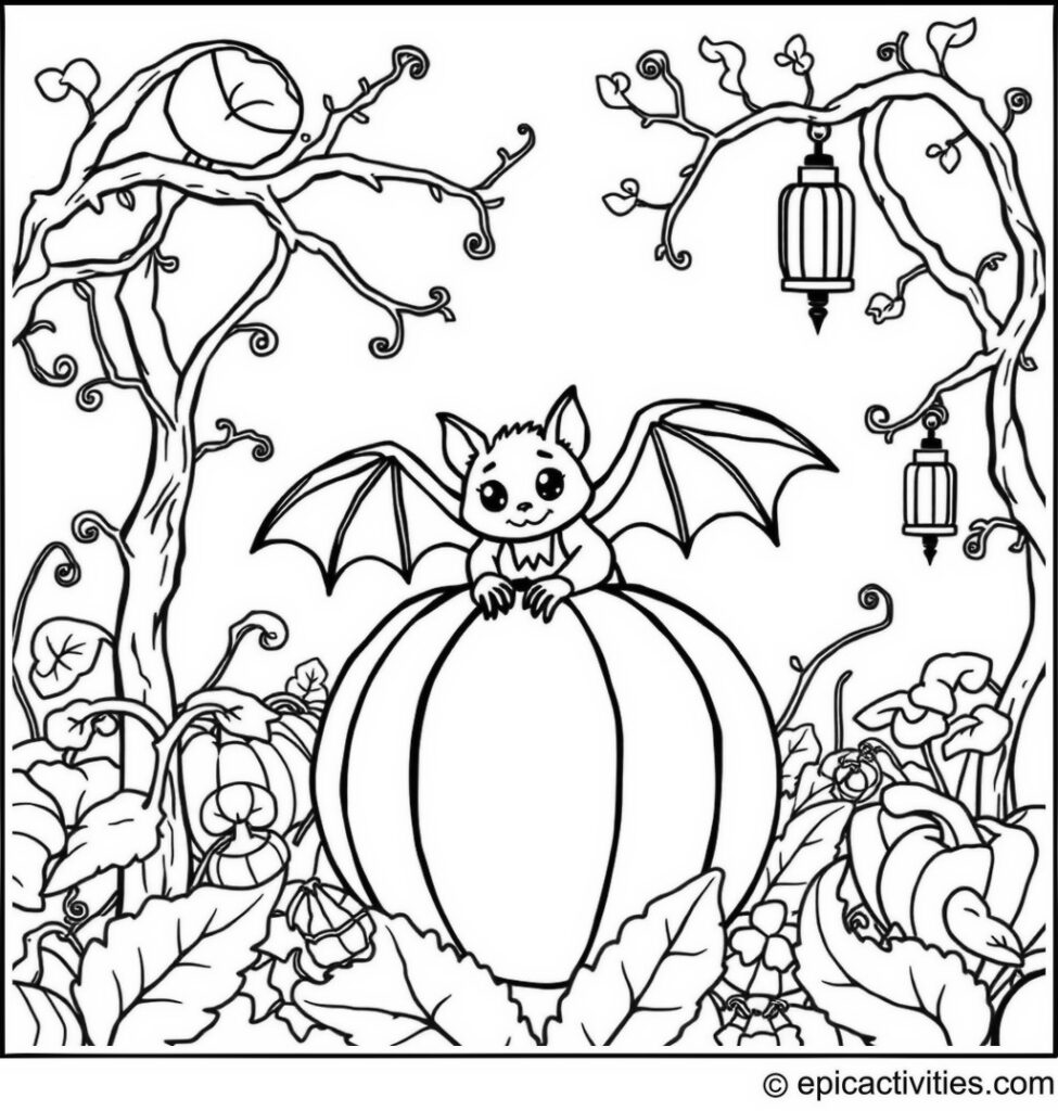 Coloring page of a cute bat perched on a pumpkin in a mystical pumpkin patch
