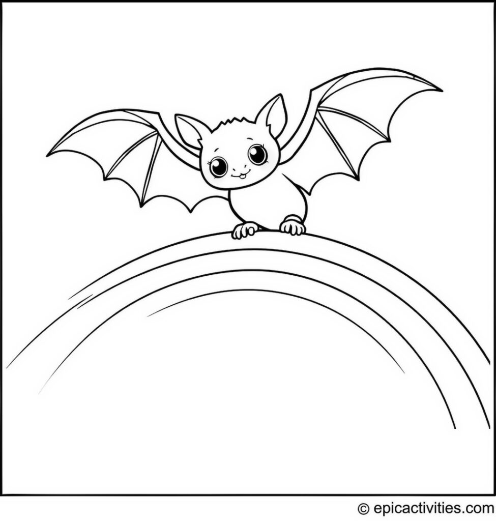 Coloring page of a cute bat perched on a rainbow