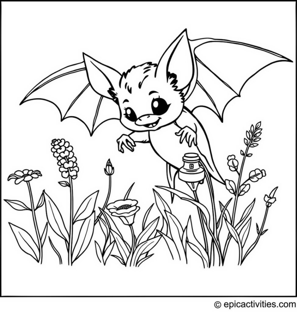 Coloring page of a Cute Bat Picking Herbs for Potions