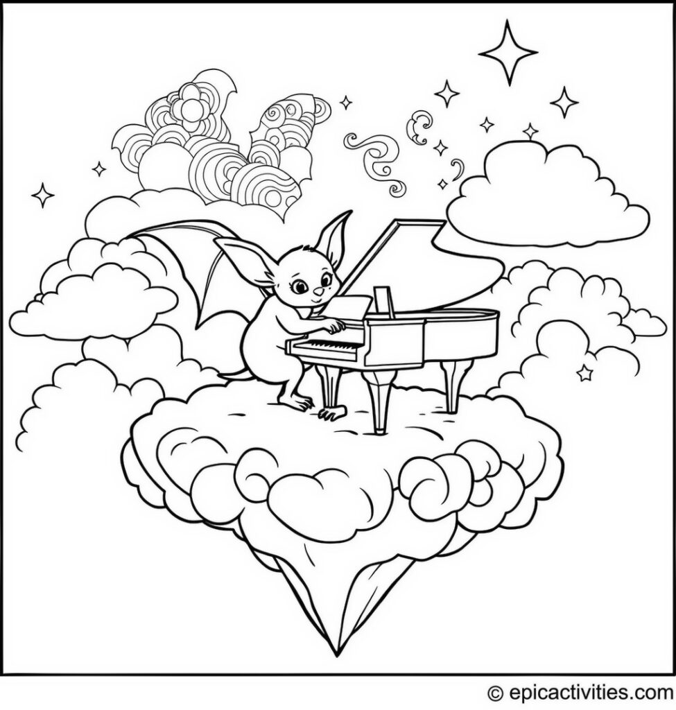 Coloring page of a cute bat playing a grand piano on a floating cloud island