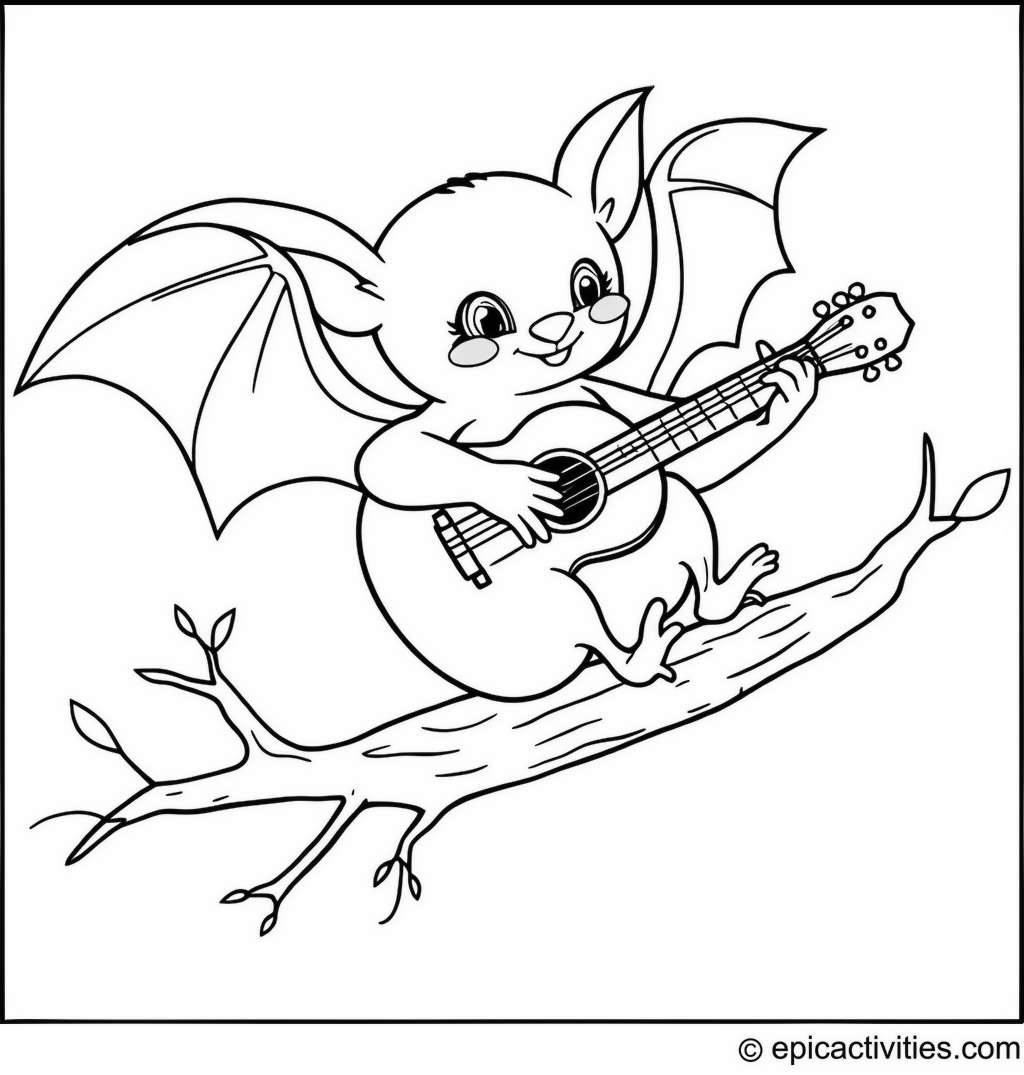 Coloring page of a cute bat playing a small guitar on a tree branch