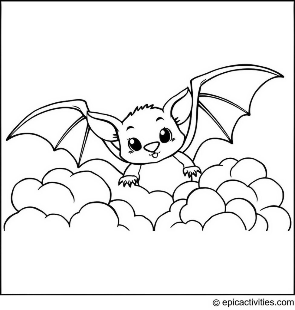 Coloring Page of a Cute Bat Playing Hide-and-Seek Behind Fluffy Clouds