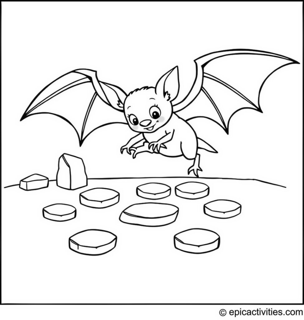 Coloring page of a cute bat playing hopscotch with glow-in-the-dark stones