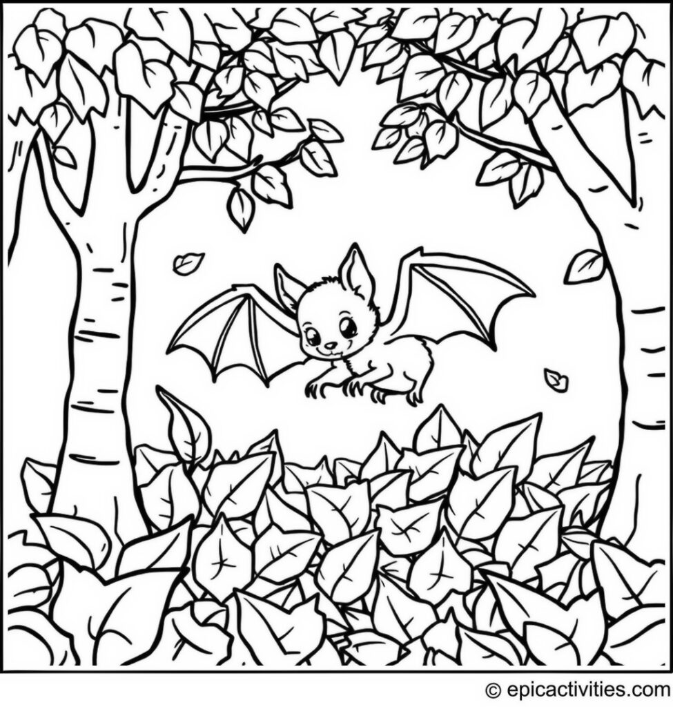 Coloring page of a cute bat playing in a pile of leaves in the forest