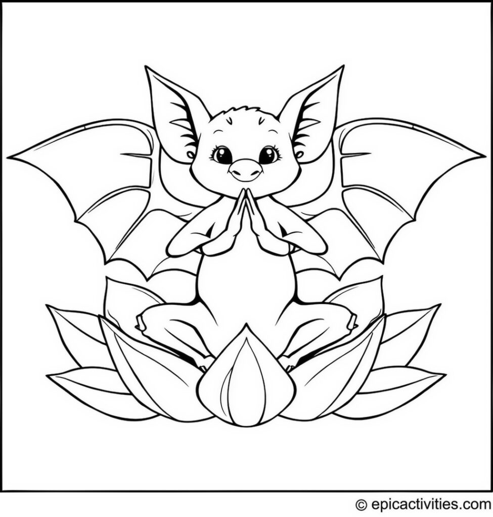 Coloring page of a cute bat practicing yoga on a lotus petal