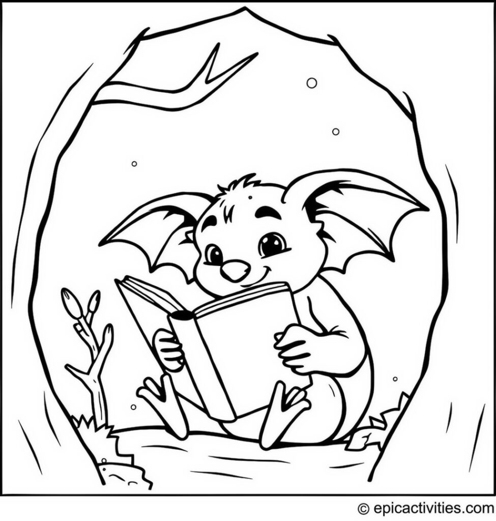 Coloring page of a cute bat reading in a cozy nook