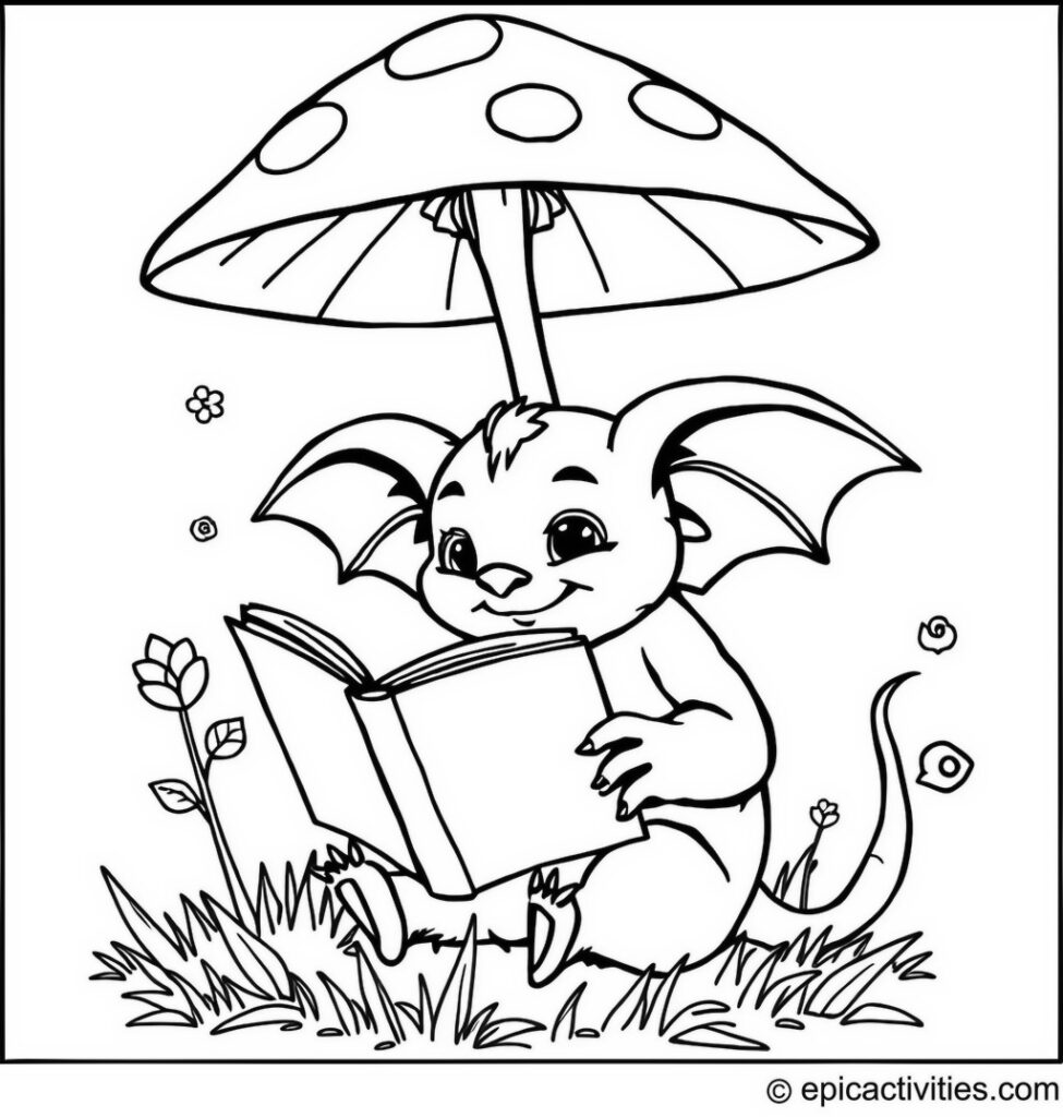 Coloring page of a Cute Bat Reading Under a Mushroom Umbrella