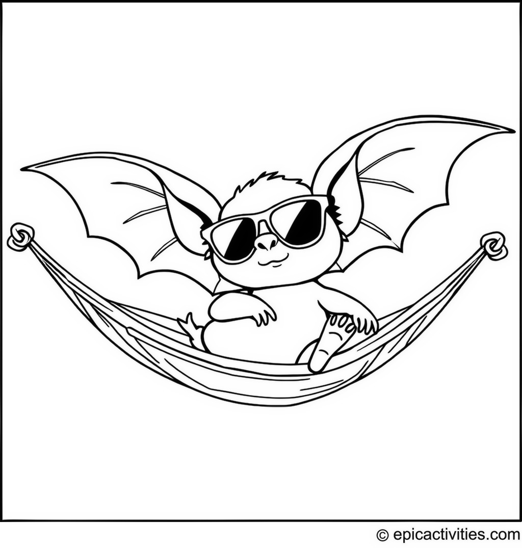 Coloring page of a Cute Bat Relaxing on a Hammock with Sunglasses