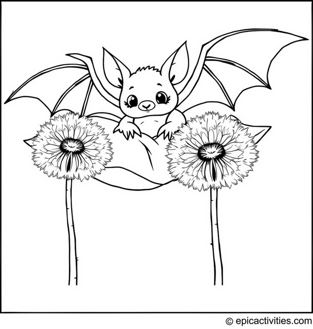Coloring page of a cute bat resting on fluffy dandelions