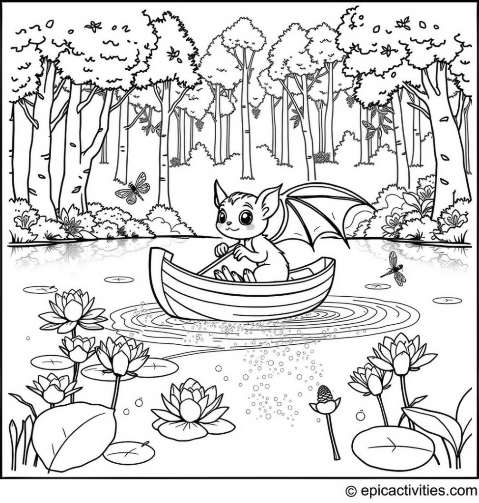 Coloring page of a cute bat sailing a miniature boat in a glittering pond