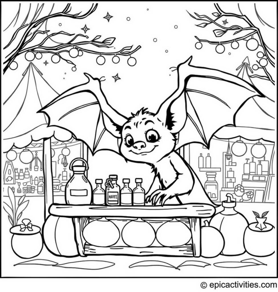 Coloring page of a Cute Bat Selling Magical Potions at a Night Market Stall