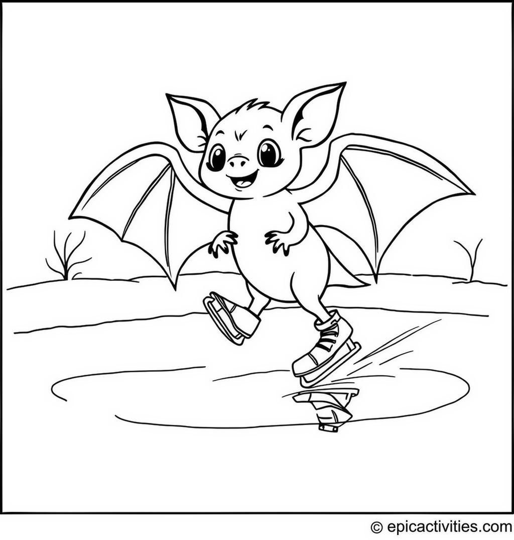 Coloring page of a Cute Bat Skating on a Frozen Pond