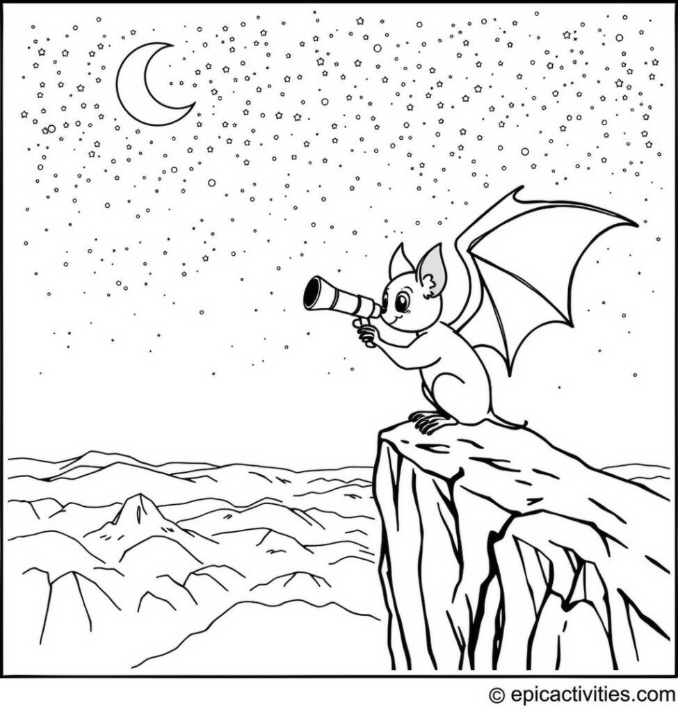 Coloring page of a Cute Bat Stargazing with a Telescope