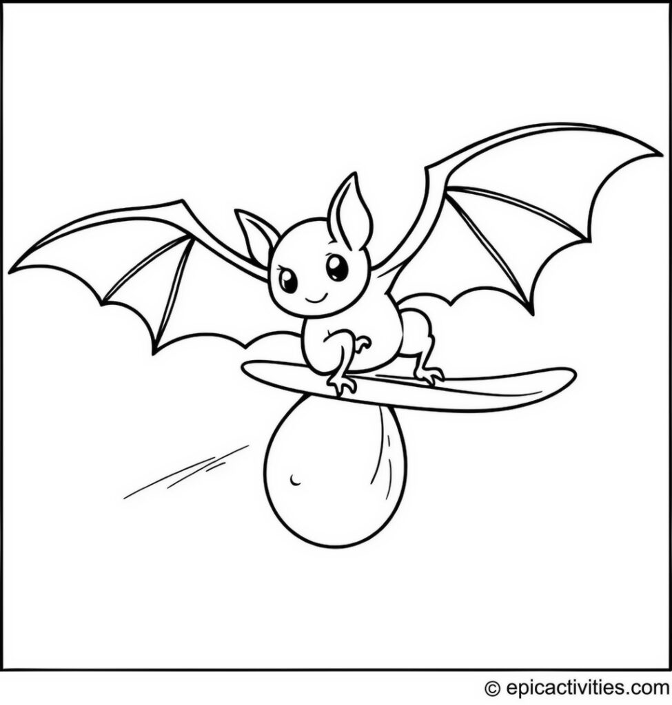 Coloring page of a Cute Bat Surfing on a Raindrop