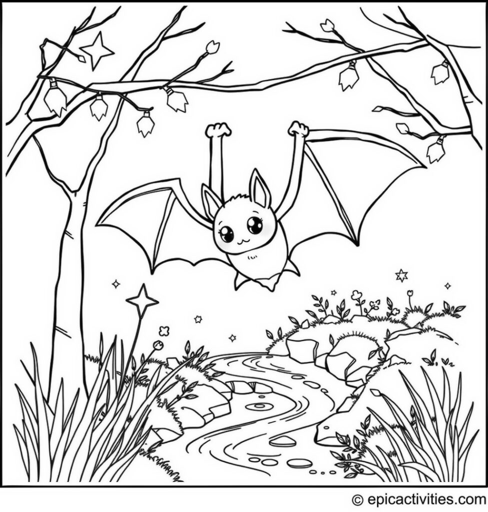Coloring page of a cute bat swinging from sparkly fairy lights above a stream