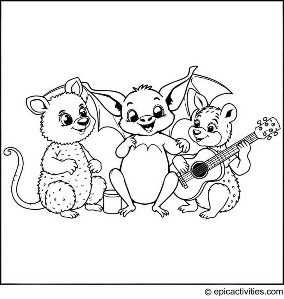 Coloring page of a Cute Bat Teaching Music to Other Animals