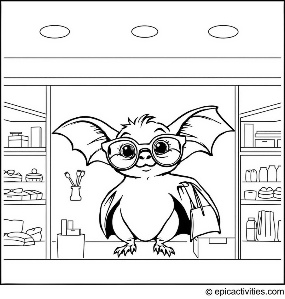 Coloring page of a cute bat trying on tiny glasses in a boutique