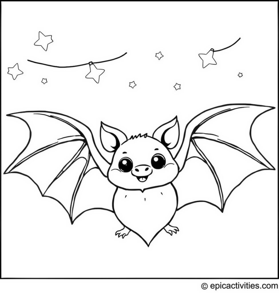 Coloring page of a cute bat under tiny twinkling fairy lights