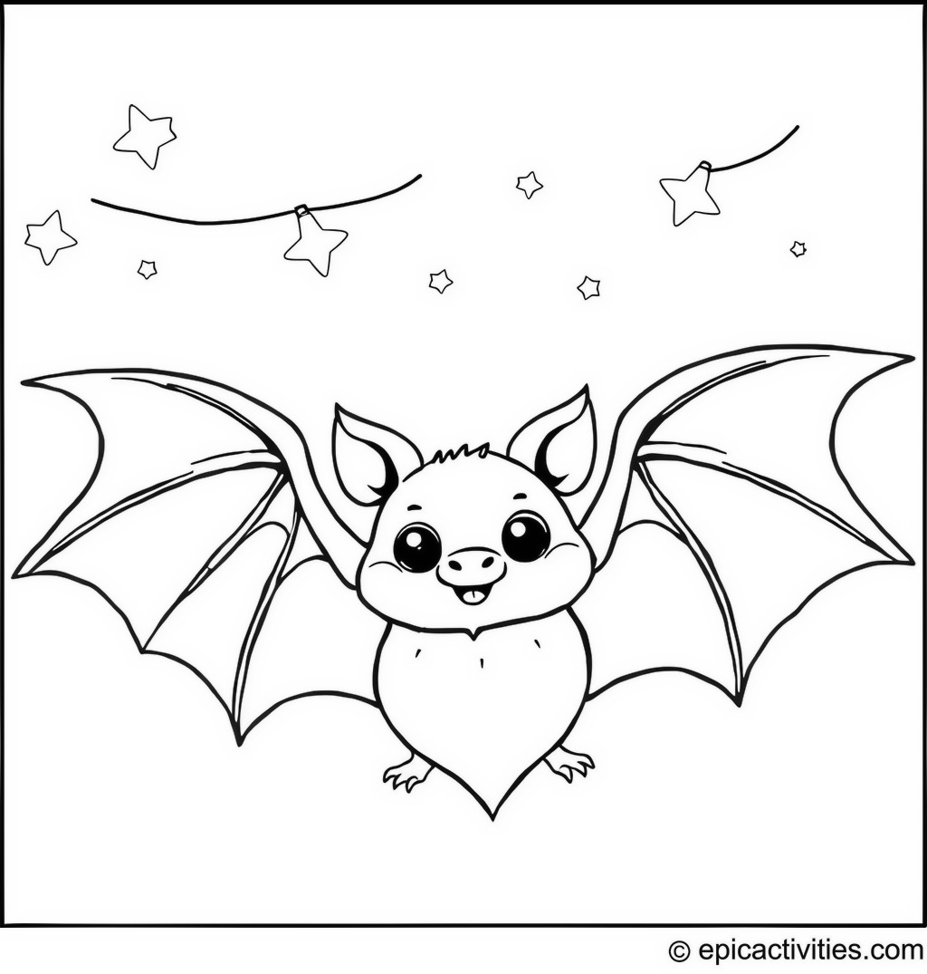 Coloring page of a cute bat under tiny twinkling fairy lights