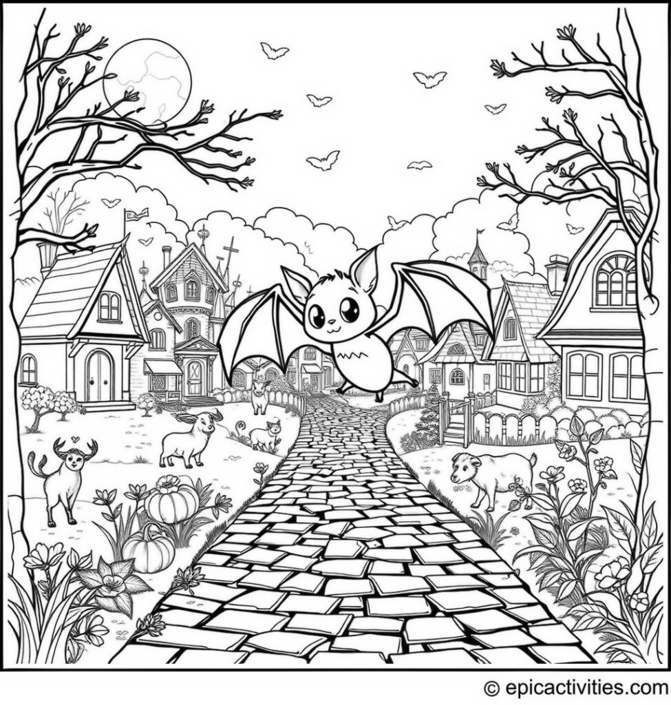 Coloring page of a Cute Bat Walking in a Moonlit Woodland Village