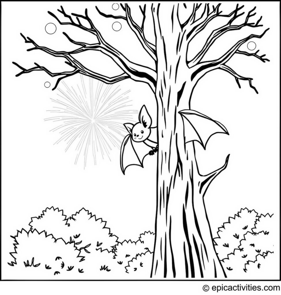 Coloring page of a Cute Bat Watching Fireworks from a Tall Tree