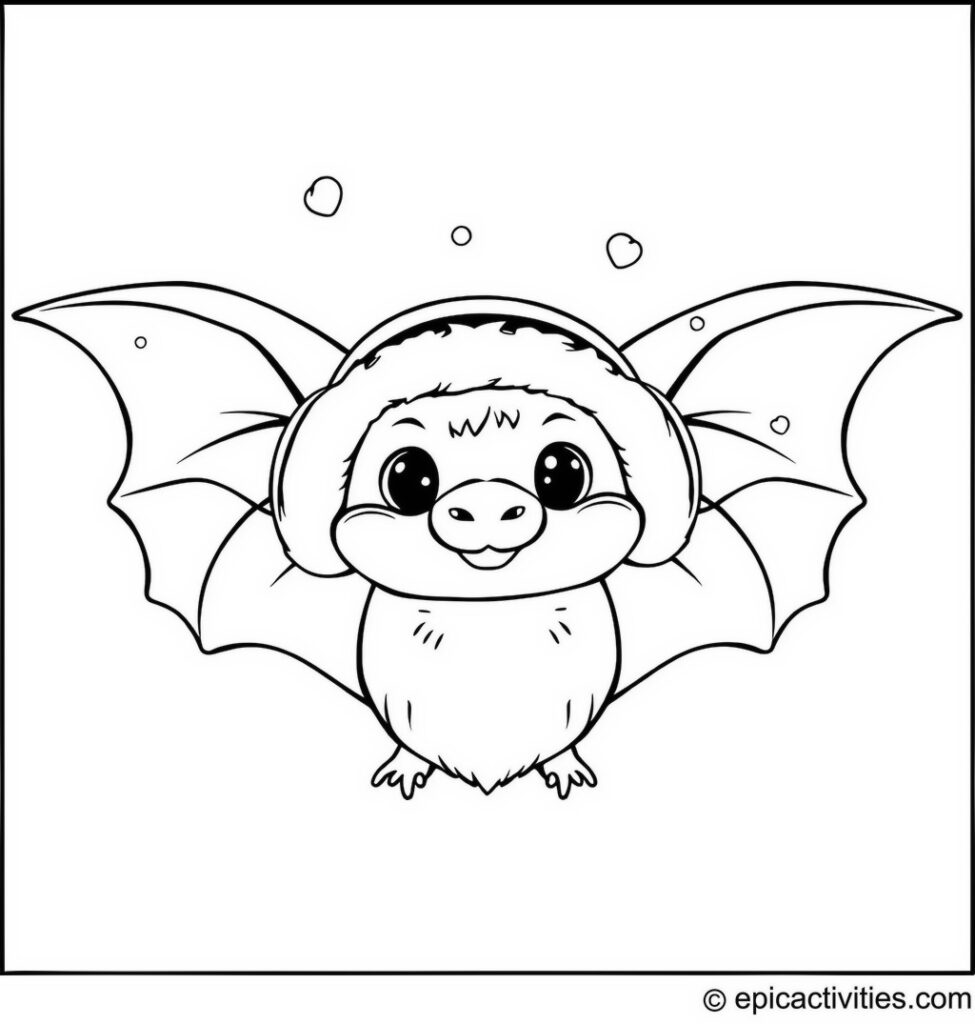 Coloring page of a Cute Bat Wearing Earmuffs in Snowfall
