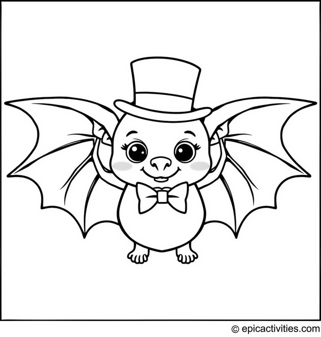 Coloring page of a cute bat with a top hat and bow tie